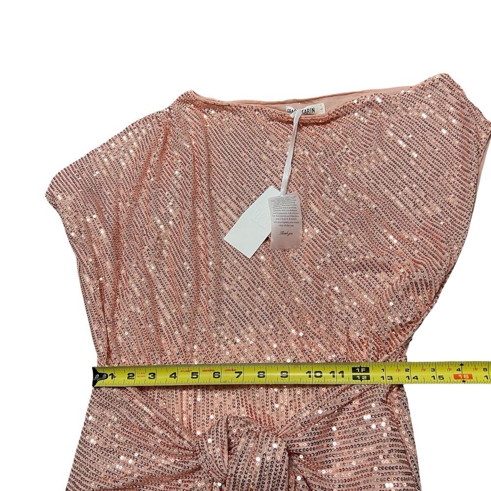 NWT GRACE KARIN Sequined Asymmetric Pink Off Shoulder Bodycon Midi Dress Size L - Picture 9 of 12